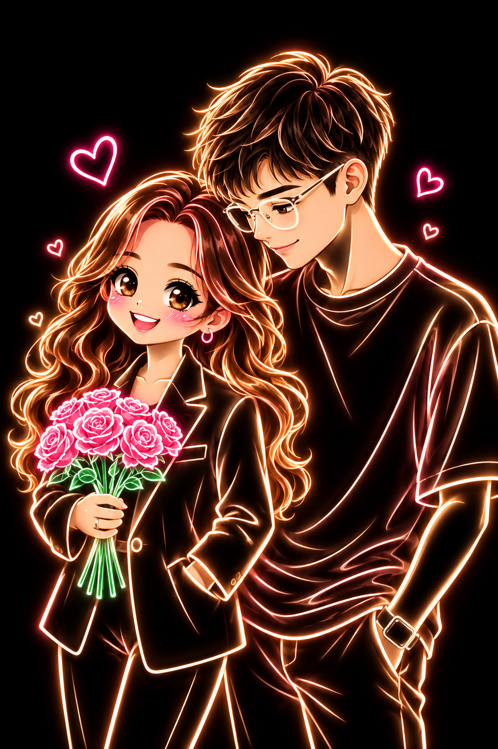 Hai người đứng bên nhau, cô gái cầm hoa và chàng trai đeo kính, được vẽ bằng ánh đèn LED hồng và vàng ấm